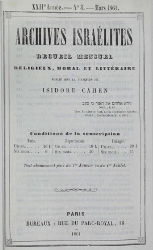Archives israélites de France. Vol.22 N°03 (mars 1861)